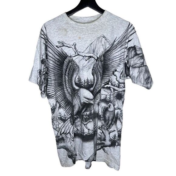 Vintage 90s AOP Eagle Forest Single Stitch T Shirt Large - Picture 1 of 4